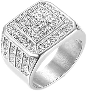 Cuban Style Iced Out Wedding Ring for Men - Stainless Steel Hip Hop Square Biker Ring - Punk Metal Party/Club Jewelry, Size 12