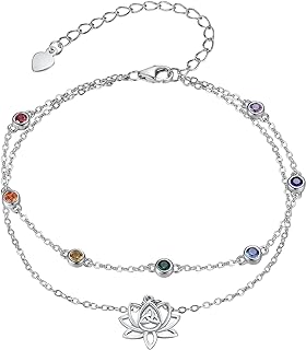 Sterling Silver Chakra Anklet with Cubic Zirconia & Lobster Claw Clasp – Box Chain Lotus Design Ankle Bracelet for Women and Girls – Perfect Gift for Spiritual Enthusiasts