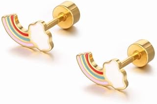 18g Titanium Rainbow Earrings for Women Girls 14k Gold Plated Stainless Steel Hypoallergenic Tiny Cloud Stud Cartilage Tragus Screw Back Post Piercing Sensitive Ear