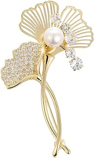 Elegant Ginkgo Leaf Brooch with Gold Plating, Hollow Out Design, Copper and Zirconia Accents, 18K Gold-Plated Pin with Artificial Pearls for Women's Attire