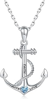 Rolo Chain Lobster Clasp Nautical Necklace - Anchor Pendant with Navy Blue Heart Cubic Zirconia Engraved - Inspirational Sterling Silver Jewelry for Women and Teen Girls