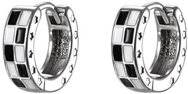 Hinged Hoop Checkered Oval Earrings for Men & Women - Chunky Enamel Copper Design in Black & White Chessboard Pattern