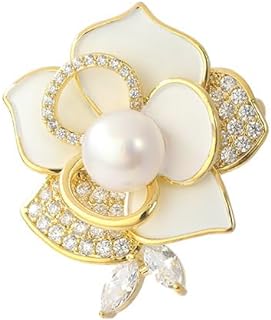 Freshwater Pearl & Moissanite Encrusted 14K Gold Camellia Design Brooch with Pin Clasp - Ideal Bridal Accessory