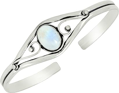 Handcrafted Silver Plated Cuff Bracelet with Natural 10x14mm Oval Shaped Moonstone, Amethyst and Turquoise - Perfect Women's Gift for Holidays or Special Occasions