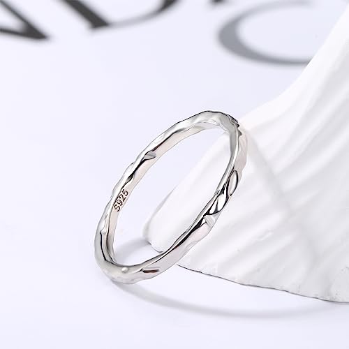 Milacolato S925 Sterling Silver Ring for Women Men 18K White Gold Plated Thin Plain Stackable Statement Thumb Rings High Polished Beveled Edge Twisted Wave Hammered Band Rings Comfort Fit Size 6 to 11, 1.5mm