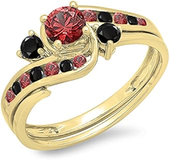 Elegant 18K White Gold Ruby & Black Diamond Wedding Ring Set for Ladies - Swirl Design