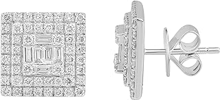 Dewberry 1.15 Carat Baguette & Round Lab Grown Diamond Composite Square Shape Men's & Women (Unisex) Stud Earrings| 14k Solid White Gold| VVS-VS-FG