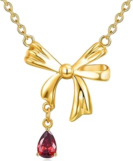 POPLYKE Gold Plated Simple Bow Tie Red Zircon Pendant Necklace Sterling Silver Trendy Cute Necklaces Jewelry for Women Daughter Birthday