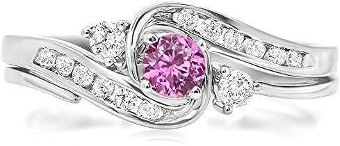 10K White Gold Pink Sapphire & Diamond Round Swirl Bridal Engagement Ring Set for Her with Matching Band - Dazzlingrock Collection