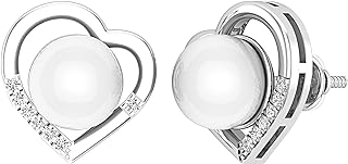 Elegant 18K White Gold Stud Earrings with Natural White Diamond & 8mm Round Cultured Freshwater Pearl, Screw Back, Tilted Heart Design