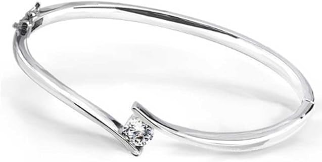 Box and Tongue Safety Clasp AAA CZ Solitaire Bangle Bracelet - Rhodium Plated Sterling Silver - Ideal For Women and Girlfriends - Geometric Design