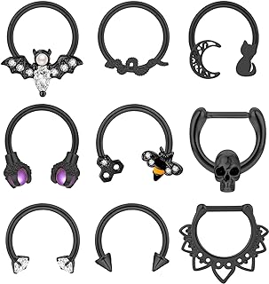 Women's 9-Piece 16G Stainless Steel Bat Nose Ring Set with Latch Back & Cubic Zirconia, Gothic Piercing Jewelry for Cartilage, Helix, Tragus & Daith Earrings