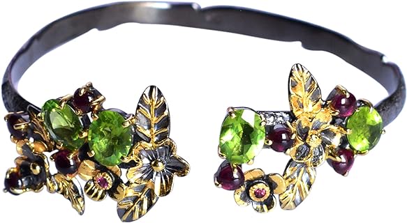 Handcrafted Peridot and Garnet Studded Sterling Silver Cuff Bangle for Fashion-Forward Women