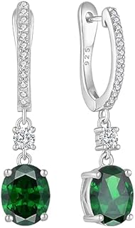 Chic Oval Emerald Hoop Earrings in Sterling Silver for Women - Dangle Drop Design with Birthstone Accent