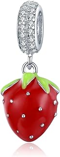 MEETCCY Fruit Charm Bracelet for Women 925 Sterling Silver Red Enamel with Crystals Charm Bead Strawberry Charm Bracelet Necklace