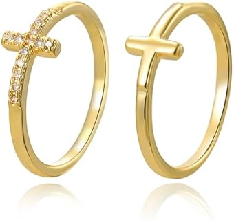 18K Gold-Plated Cubic Zirconia Cross Wedding Rings, Dainty Thin Stackable Design for Women/Girls, Sized 6-10