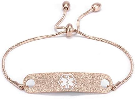 Buckle Clasp Child's ID Bracelet, Stainless Steel Rope Chain Medical Alert Bracelet in Glitter Rose Gold for Women and Girls, Customizable Design - Free Engraving