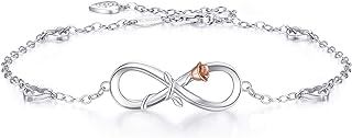 Lobster Claw Clasp Disney Anklet with Cable Chain and Cubic Zirconia Gem for Women, Heart-Infinity Silver Design - BlingGem 925 Sterling Silver Rose Gold Foot Chain - Elegant 27cm Summer Beach Jewelry Gift
