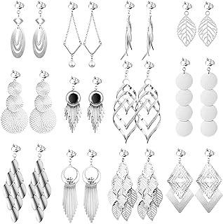 12 Pairs Clip on Drop Dangle Earrings Set Bohemian Tassel Pendant Clip Earrings Plated Ear Clips Non-Piercing Pendant Earrings for Women
