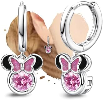 Hoop Earrings for Girls Cute - Sterling Silver Huggie Earrings with Pink Cubic Zirconia Dangle Hypoallergenic Mouse Earrings Hoops for Women Teens Jewelry Gifts