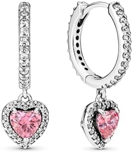 Pandora Sterling Silver Cubic Zirconia Halo Heart Hoop Earrings with Snap Back for Women, Elegant Design