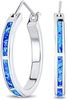 White and Blue Created Opal Inlay Iridescent Huggie Hoop Earrings For Women Teen Rose Gold Plated .925 Sterling Silver October Birthstone