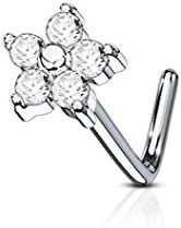 Forbidden Body Jewelry 20g Surgical Steel L Shaped Nose Ring with 5-CZ Flower Top