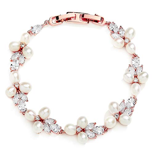 Freshwater Pearl Rose Gold Bridal Bracelet, 7 1/8" Plus 1/2" Extender, Wedding Jewelry for Women
