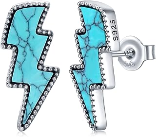 Push Back Sterling Silver Western Turquoise Stud Earrings with Lightning Bolt Design for Women and Girls