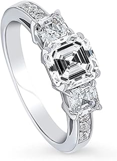 BERRICLE Sterling Silver 3-Stone Wedding Engagement Rings Asscher Cut Cubic Zirconia CZ Promise Ring for Women, Rhodium Plated Size 4-10