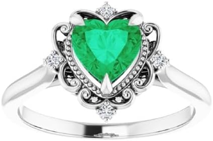 Vintage Halo 1 CT Heart Shape Emerald Diamond Ring 10K White Gold, Victorian Natural Green Emerald Engagement Ring, Antique Emerald Ring, Wedding Ring