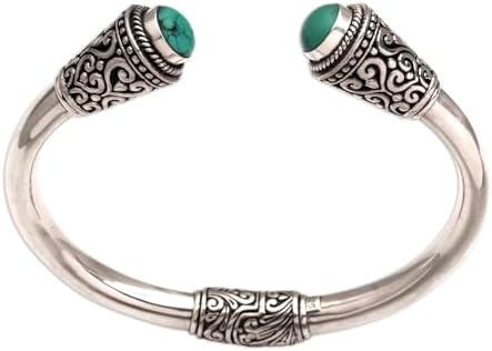 NOVICA Artisan Handmade Turquoise Cuff Bracelet Sterling Silver from Bali Natural Blue Indonesia Birthstone [6 in L (end to End) x 0.4 in W] ' Petal Temple'