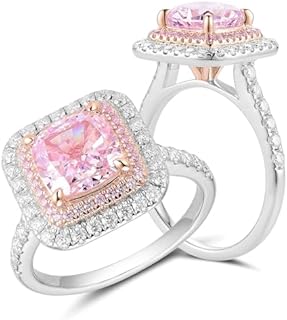 DovEggs 2ct Pink Cushion Cut Engagement Ring for Women Crushed Ice Cut CZ Simulated Diamond Double Halo Moissanite Accent Anniversary Wedding Rings 14k Gold QUALITY Sterling Silver