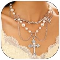 Y2K Layered Pearl Choker Necklaces for Women Girls Crystal Beaded Strawberry Pendant Necklace Vintage Bow Heart Cross Choker Butterfly Tassel Chain Elegant Jewelry Gifts