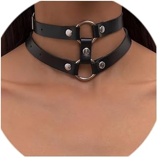 Black Leather Choker Punk Short Collar Gothic 2-tier Circle Rivet Necklace Soft PU Leather Short Neck Accessories for Women and Girls