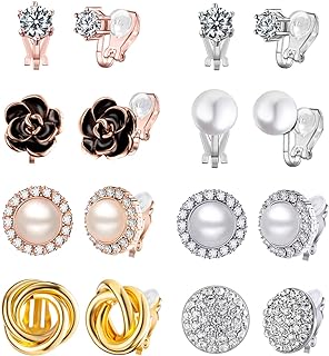 8 Pairs Clip Earrings Set for Women Rose Flower CZ Simulated Pearl Gold Knot Clip Earrings with Rubber Pads Non Pierced Hypoallergenic Clip on Earrings Jewelry