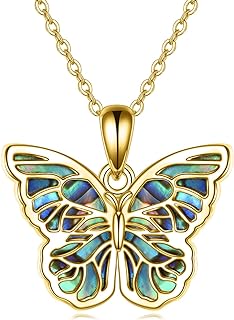 URONE Sterling Silver Butterfly Pendant Necklace with Simulated Abalone & Spring Ring Clasp, Ideal Gift for Women and Girls