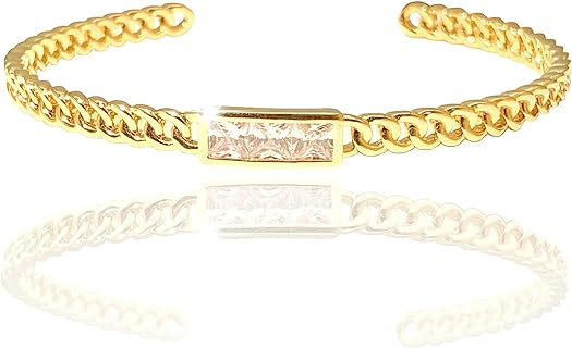 14K Gold Plated Rectangle Rhinestone Bangle Adjustable Charm Simple Chain Bracelet Gold Bracelets for Women