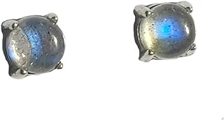 4mm Dainty Petite Cabochon Labradorite Green Blue Fire Natural Gemstones 925 Sterling Silver Earrings Studs Round Shape Simple Design for Women Men Teens