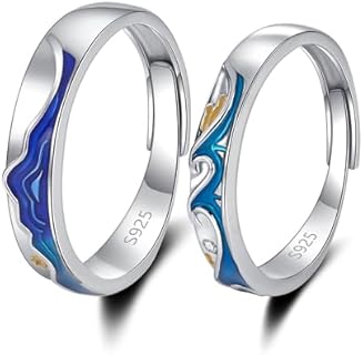 Promise Ring for Couples Wedding Band Sterling Silver Adjustable Matching Ring Mountain Sea Sun and Moon Engagement Gift