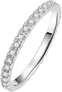 NUNCAD 2mm Women's Silver Wedding Rings, Platinum Plated Copper Ring White Zircon Engagement Band Edges Comfort Fit Size 5-9