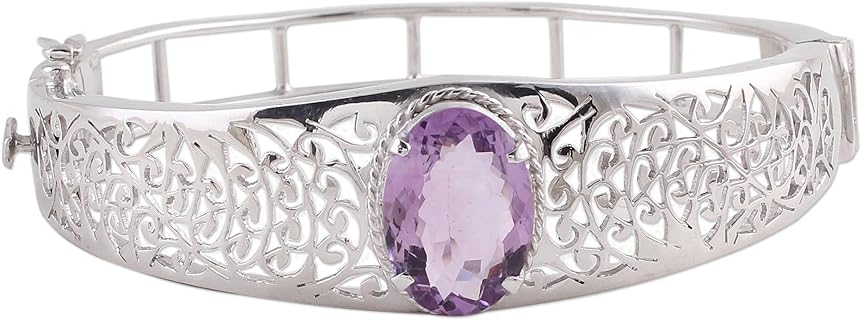 NOVICA Handmade Amethyst Wristband Bracelet .925 Sterling Silver Rhodium Plated Purple Bangle India Birthstone [6.5 in Inner Circ. x 0.7 in W] 'Royal Orchid'