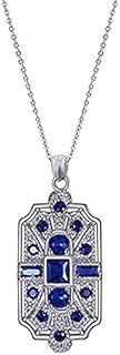 Secret for Longevity Geometric Art Deco Vintage Antique Flapper Gatsby Retro Style Royal Blue Sapphire Rhinestone 19" inch Silver Tone Chain Pendant Necklace