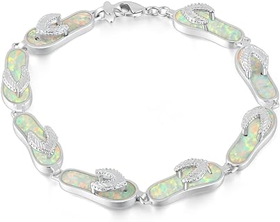 Women's Rhodium-Plated Chain Bracelet with Created Opal Beads, Box Chain, & Flip Clasp - CiNily Fire Opal Jewelry