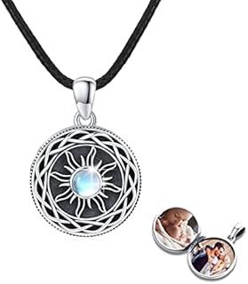 Sun Locket Necklace 925 Sterling Silver Picture Pendant Necklace Moonstone/Zircon Viking Celtic Knot Necklace Leather Cord Amulet Photo Necklace Jewelry Custom for Women Men Wife Husband