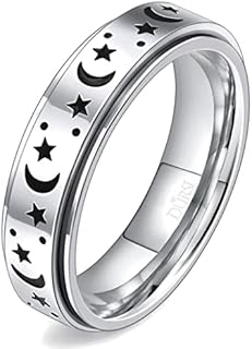DURSI Moon Star Spinner Fidget Ring with Sandstone - Stainless Steel Anxiety Relief Band for Adults and Children