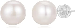 SUNALND Women's 10mm Freshwater Pearl Stud Earrings with Sterling Silver Post, Push Back Clasp