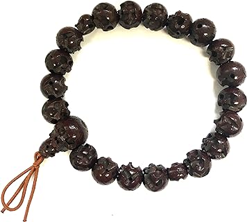 Bodhi Wood Skull Rosary Beads Bracelet with Silk Elastic Cord, Handcrafted in Kyoto, Japan - Men's Stretch Mala Bead Accessory