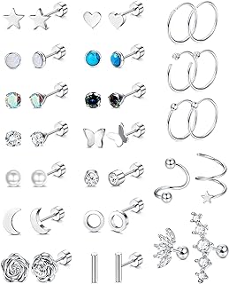 YADOCA 19Pairs Hypoallergenic Surgical Steel Earrings For Women Men Flat Back Earrings Cartilage Earrings Stud Hoops Small CZ Heart Star Moon Opal Butterfly Helix Tragus Daith Flatback Earrings Piercing Jewelry 20G