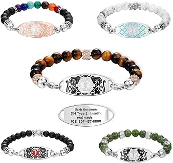 Custom Engraved Stainless Steel Medical ID Bracelet with Tiger Eye Beads - Unisex Emergency Safety Wristband with Distinctive Beaded Design - Personalized Health Alert Accessory for Men and Women